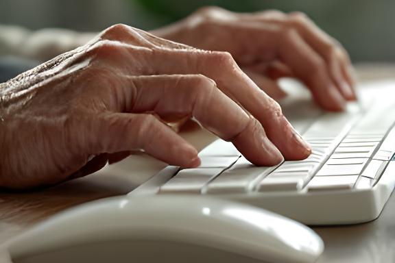 Close-up van een senior met lichte handartritis die een aangepast toetsenbord met grotere toetsen gebruikt tijdens een toegankelijkheidstraining