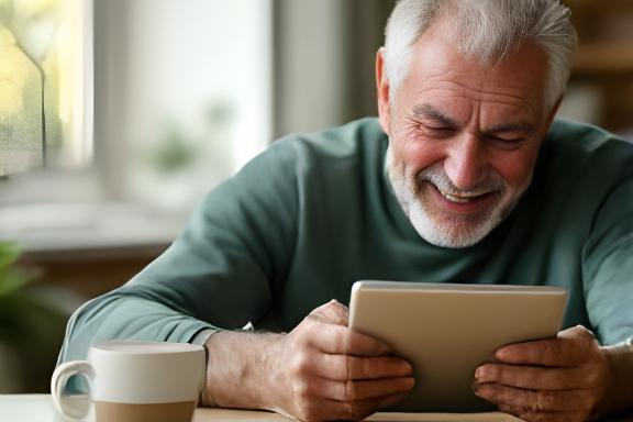 Senior man kijkt tevreden naar een tablet met een digitale gezondheidsafspraak, met een kop koffie erbij aan de keukentafel