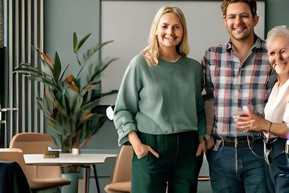 Het team van Thiessen & Tromp Digi-Coach staat samen voor een leslokaal in Tilburg, vriendelijk en benaderbaar voor senioren
